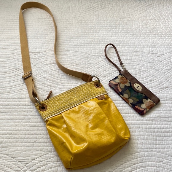 Fossil Handbags - Fossil Crossbody Bag and Wristlet Coated Canvas Leather Trim Yellow Tan Brown